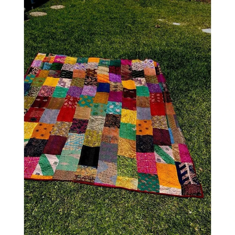 Indian Handmade Quilt Patchwork Kantha Bedspread Throw Silk Blanket Gudari Queen
